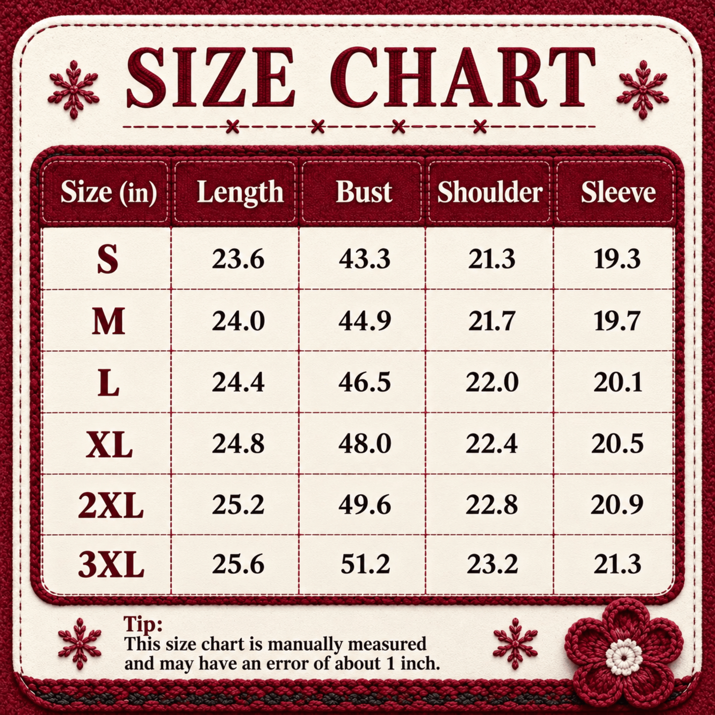 A size chart graphic with a cream background and dark red border, titled 'SIZE CHART' at the top. The chart lists sizes S through 3XL with measurements for length, bust, shoulder, and sleeve in inches, plus a small tip note at the bottom.