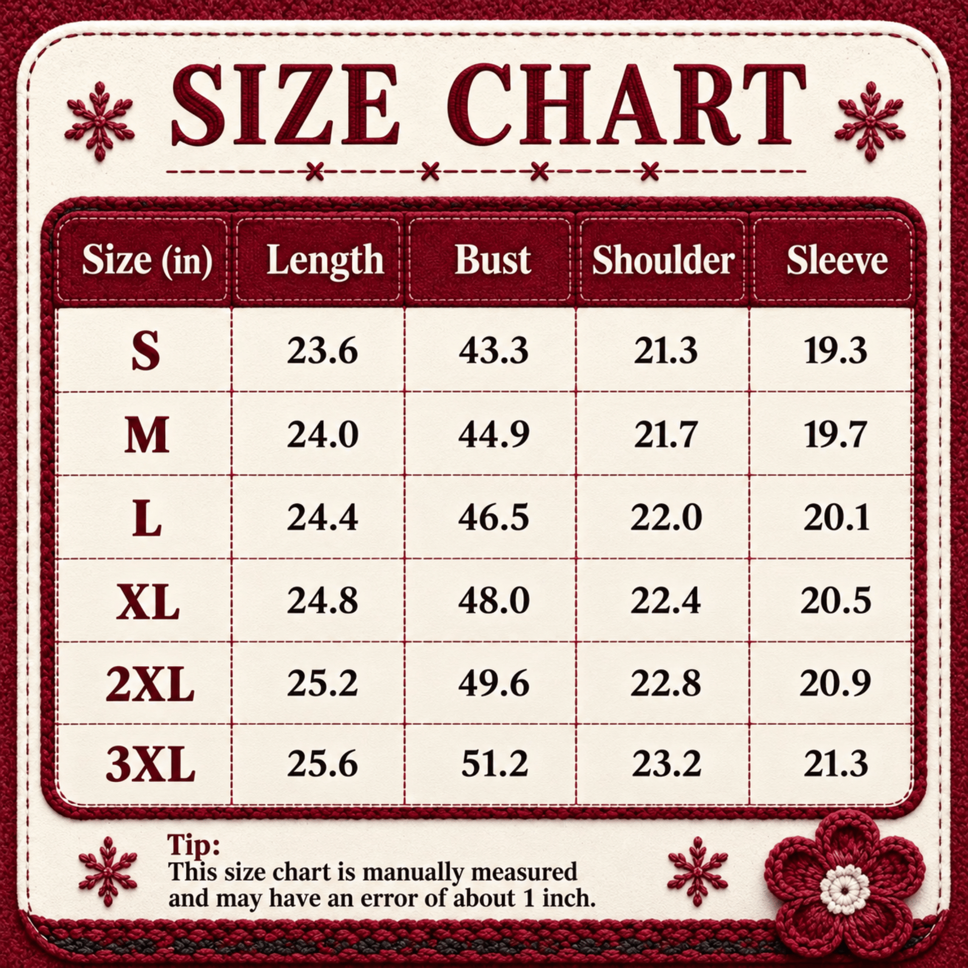 A size chart graphic with a cream background and dark red border, titled 'SIZE CHART' at the top. The chart lists sizes S through 3XL with measurements for length, bust, shoulder, and sleeve in inches, plus a small tip note at the bottom.