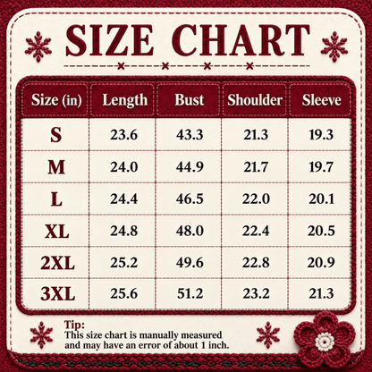 A size chart graphic with a cream background and dark red border, titled 'SIZE CHART' at the top. The chart lists sizes S through 3XL with measurements for length, bust, shoulder, and sleeve in inches, plus a small tip note at the bottom.