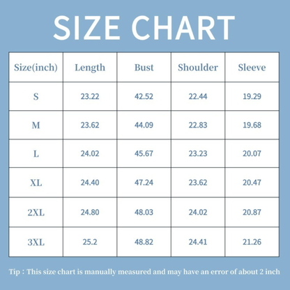 Size chart for clothing measurements on a blue background