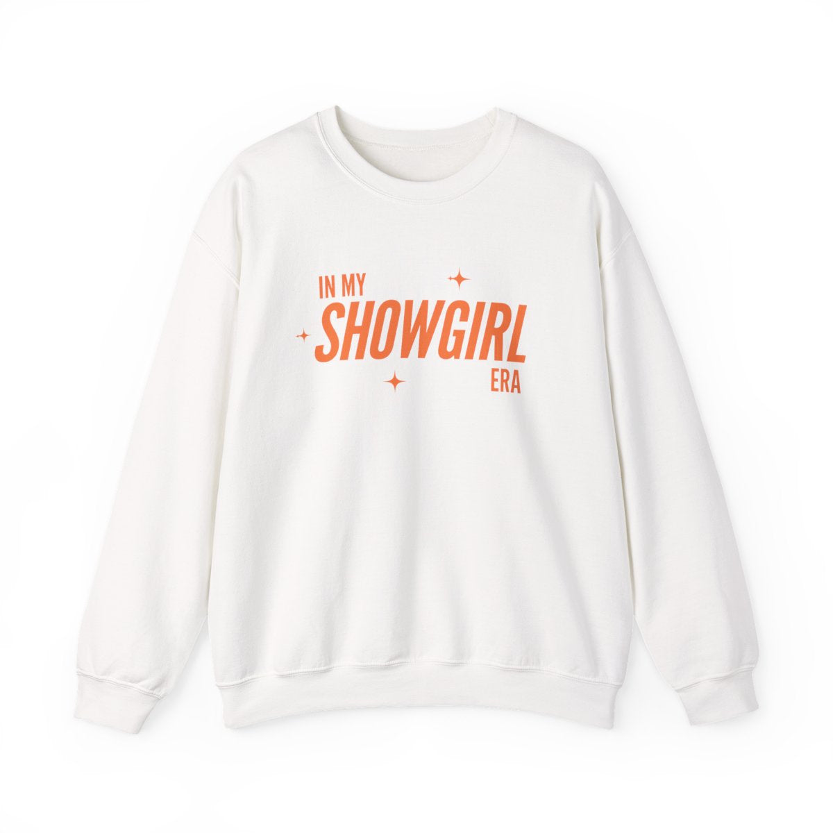 White sweatshirt with orange text 'IN MY SHOWGIRL ERA' on a white background