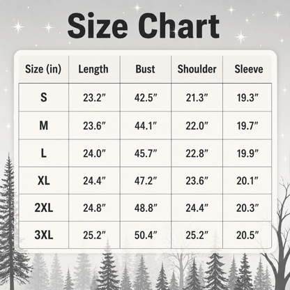 Size chart table with columns for Size (S through 3XL), Length, Bust, Shoulder, and Sleeve, shown on a light gray background with a winter tree illustration along the bottom.