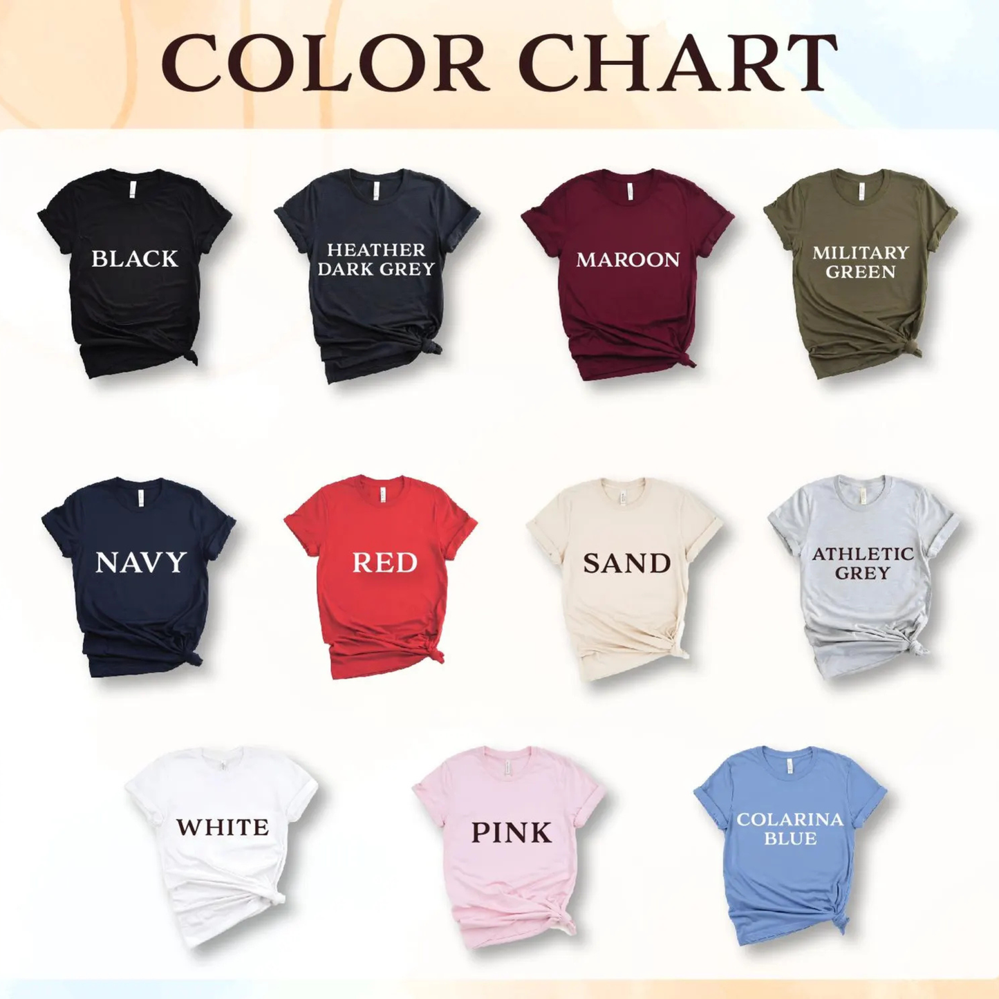 Color chart with various t-shirt colors and names on a white background
