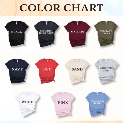 Color chart with various t-shirt colors and names on a white background