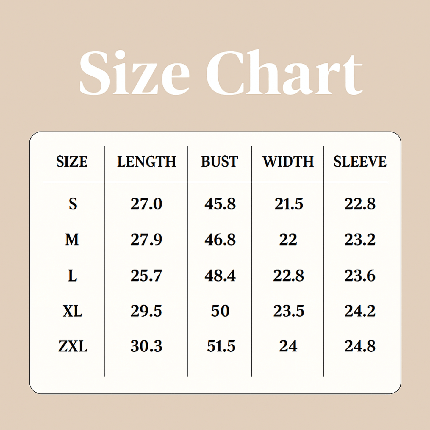 Size chart for clothing measurements on a beige background