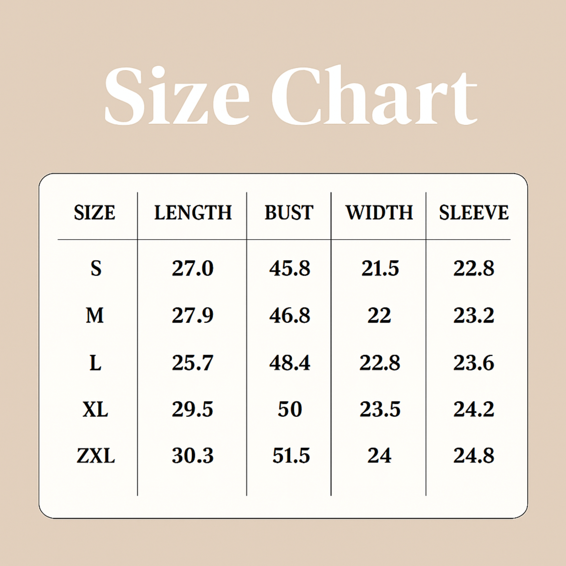 Size chart for clothing measurements on a beige background