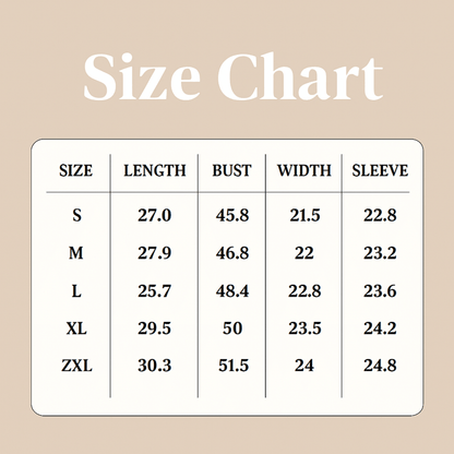 Size chart for clothing measurements on a beige background