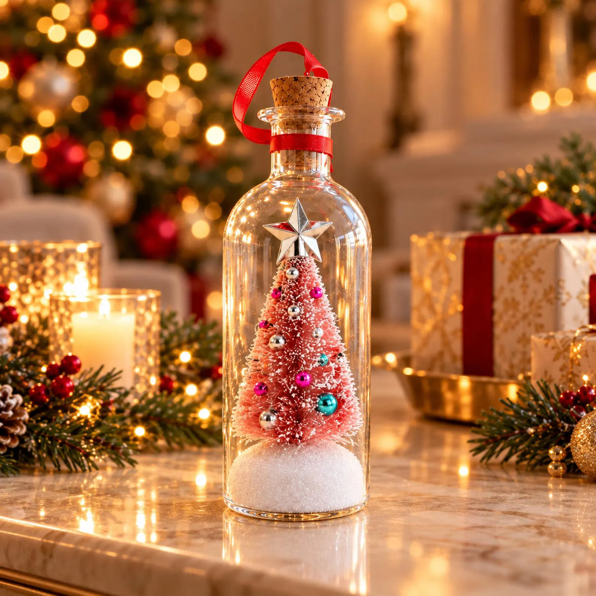 A clear glass bottle ornament filled with a pink glitter Christmas tree, silver ornaments, a white faux snow base, and a cork stopper with a red ribbon, set on a marble table with warm holiday lights and wrapped gifts in the background.
