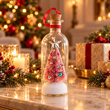 A clear glass bottle ornament filled with a pink glitter Christmas tree, silver ornaments, a white faux snow base, and a cork stopper with a red ribbon, set on a marble table with warm holiday lights and wrapped gifts in the background.