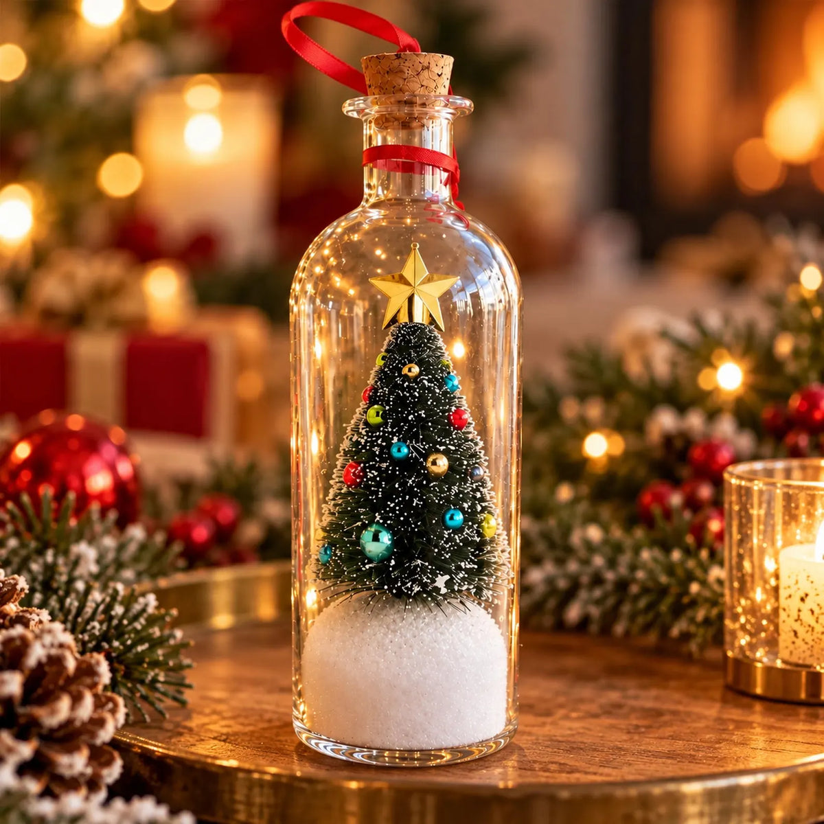 A clear glass bottle ornament with a cork stopper and red hanging ribbon, containing a miniature Christmas tree with colorful ornaments and a gold star above white faux snow. The bottle sits on a wooden table surrounded by holiday lights, pinecones, and festive greenery.