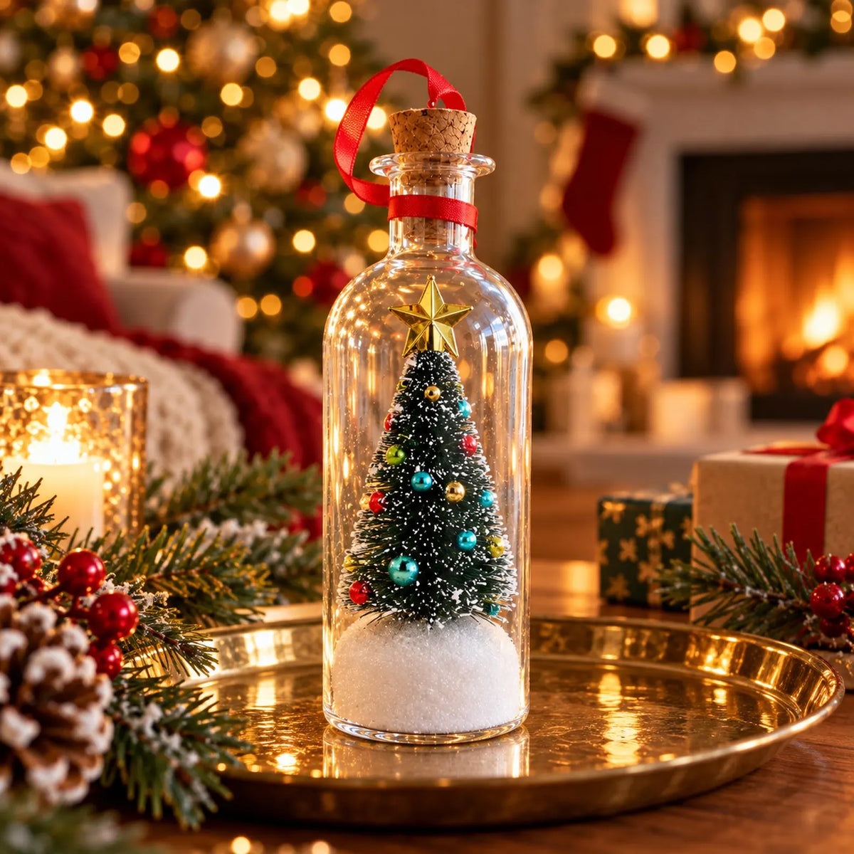 A clear glass bottle ornament with a cork stopper and red ribbon, containing a miniature Christmas tree, colorful ornaments, and white faux snow, displayed on a gold tray in a cozy holiday living room setting.