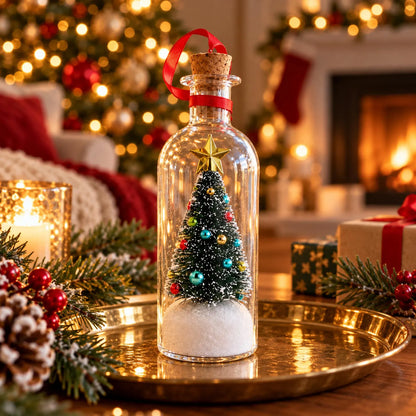 A clear glass bottle ornament with a cork stopper and red ribbon, containing a miniature Christmas tree, colorful ornaments, and white faux snow, displayed on a gold tray in a cozy holiday living room setting.