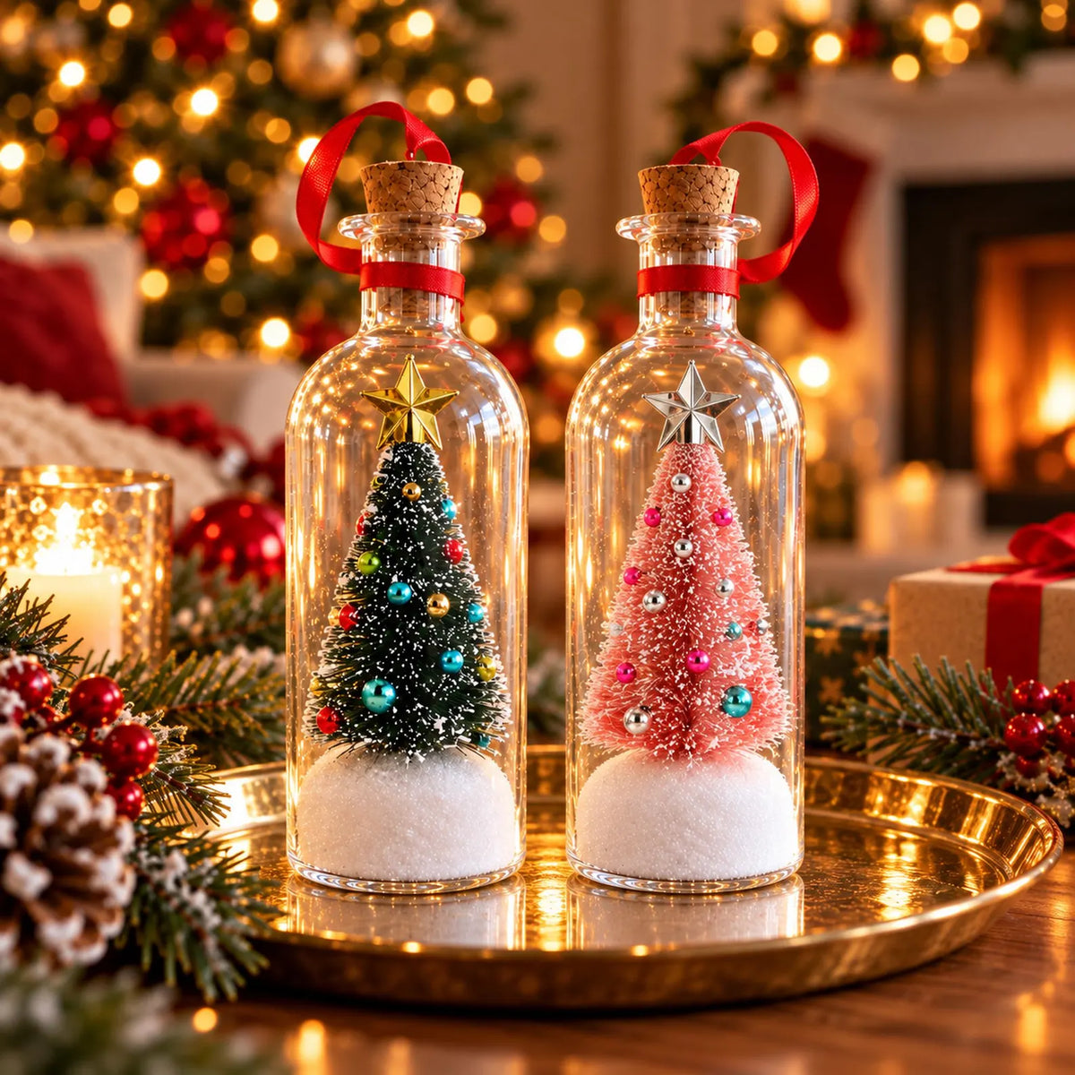 Two clear glass Christmas ornament bottles with cork stoppers and red ribbon loops, displayed on a gold tray. Each bottle contains a miniature Christmas tree inside white sand: one green tree with multicolored ornaments and one pink tree with silver ornaments.