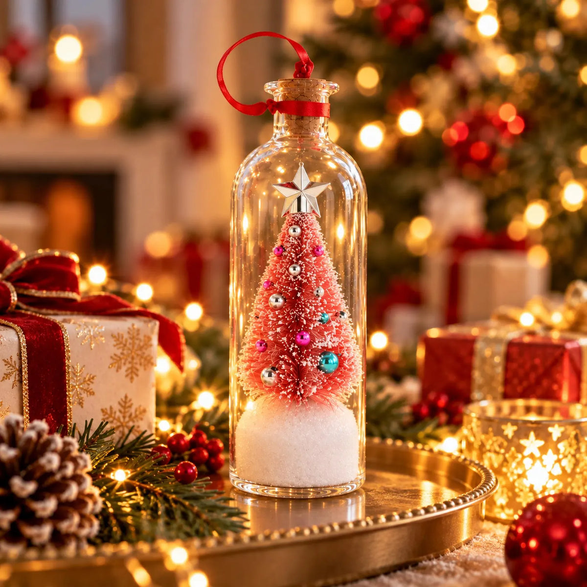 A clear glass bottle Christmas ornament with a red hanging ribbon, containing a small red Christmas tree with colorful ornaments and a white base, displayed on a gold tray in a warm, festive holiday setting with wrapped gifts and lights.