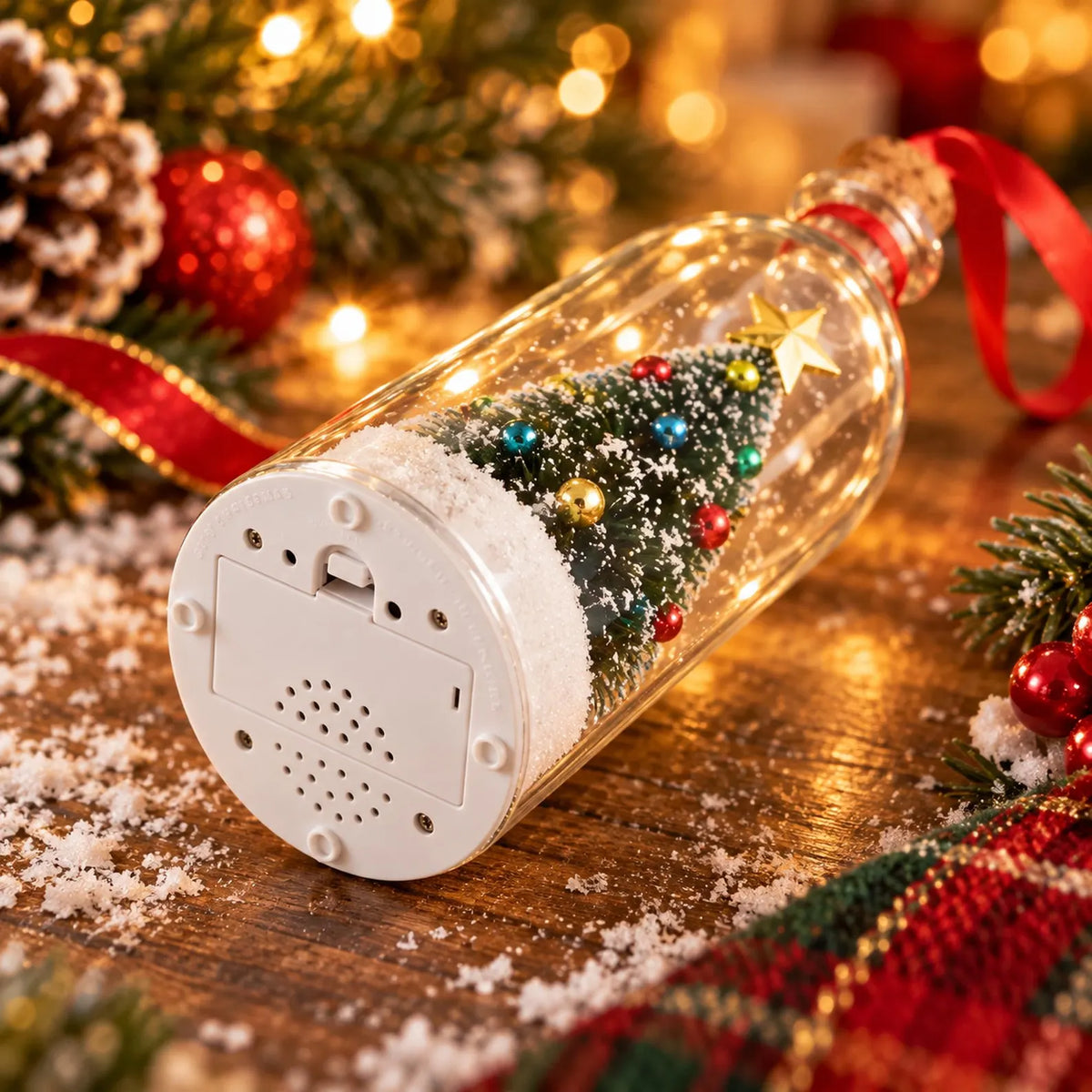 A Christmas-themed glass bottle ornament lies on a wooden surface with festive decorations around it. The clear bottle contains a miniature decorated Christmas tree, faux snow, a gold star, and a red ribbon tied to the neck.